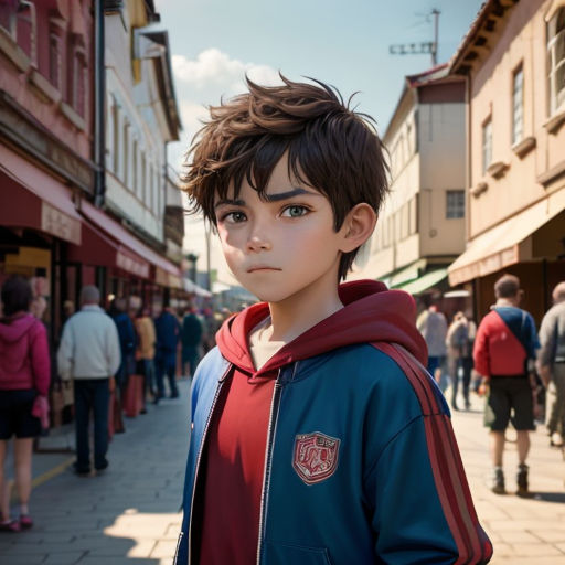 a young boy standing on a sidewalk in a city with people walking around him and a building in the background