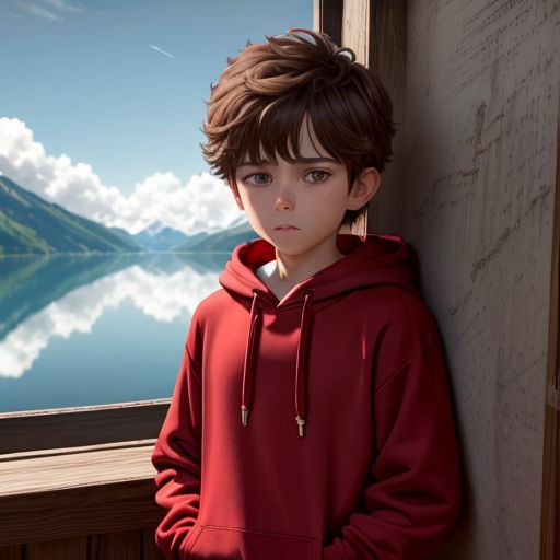a boy in a red hoodie leaning against a wall with a lake in the background and mountains in the distance