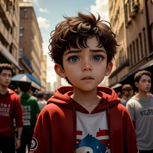 a young boy with blue eyes standing in a crowded street with other people in the background in a city