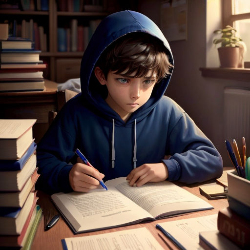 a boy in a hoodie is writing on a book while sitting at a desk with books and a pen