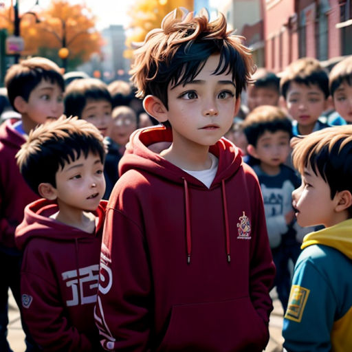 a group of children standing next to each other on a street corner with a group of people behind them