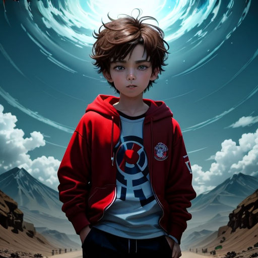 a boy in a red hoodie standing in front of a painting of a mountain landscape with a blue swirl