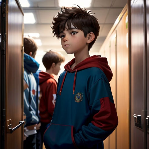 a boy in a blue and red hoodie standing in a hallway with other boys in the background looking at the camera