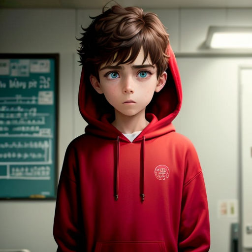 a young boy in a red sweatshirt with a hoodie on in a room with a chalkboard on the wall