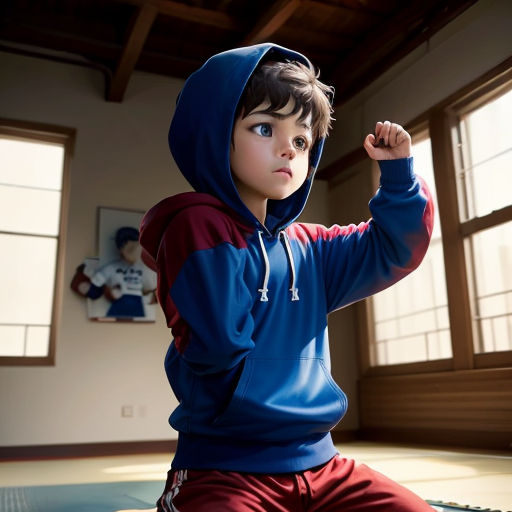 a young boy in a blue and red hoodie sitting on a mat in a room with windows and a rug