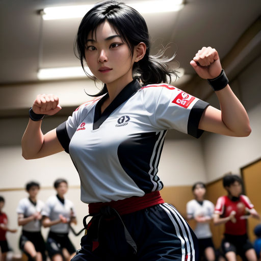a woman in a uniform is dancing in a gym with other people in the background and a woman in a black and white shirt