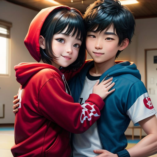 a couple of people that are hugging each other in a room with a ceiling light in the background and a door