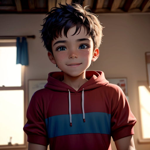 a young boy with a red and blue shirt and a black haircut and a blue eyeshade