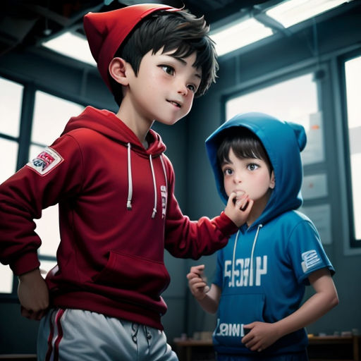 a boy and a boy in a red hoodie and blue hoodie are standing in a room with windows