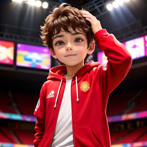 a young boy in a red jacket stands in front of a stadium with a bright light on the ceiling