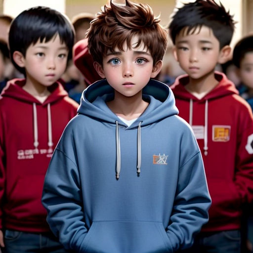 a group of young boys standing next to each other in front of a group of other boys in red and blue hoodies