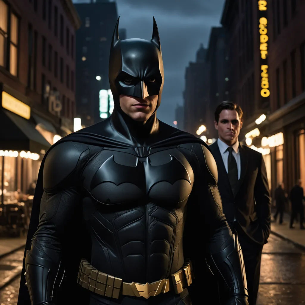 a man in a batman suit standing on a street at night with a man in a suit standing behind him, fantastic realism, a detailed matte painting, Altichiero, dark night