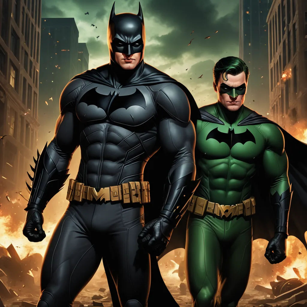 two men in batman costumes standing next to each other in a city street with a lot of flames behind them, antipodeans, a comic book panel, Brothers Hildebrandt, western comic book art