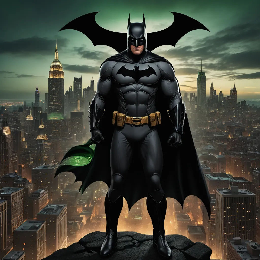 a batman standing on top of a building with a city in the background at night time with a green light, gothic art, an airbrush painting, Eddie Mendoza, highly detailed digital painting