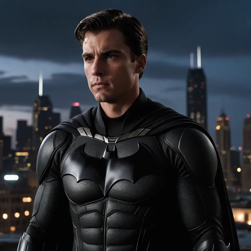 a man in a batman costume standing in front of a city skyline at night with a dark sky background, photorealism, a poster, Clark Voorhees, promotional image