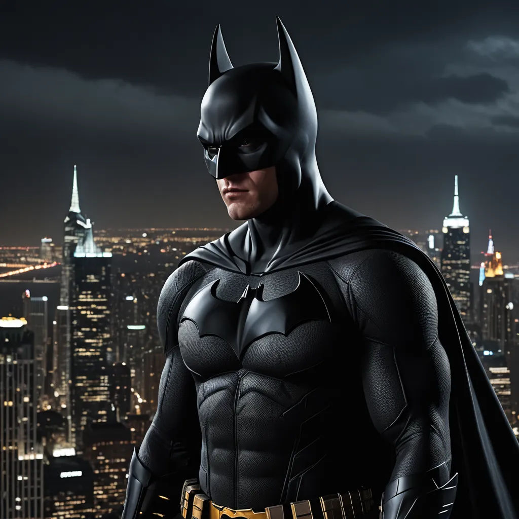 a man dressed in a batman costume standing in front of a cityscape at night with a city skyline in the background, photorealism, a detailed matte painting, Artgerm, dark night