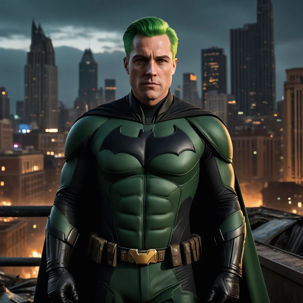 a man in a green suit standing in front of a city skyline at night with a green mohawk and green hair, photorealism, a character portrait, Dong Kingman, unreal engine 5 quality render