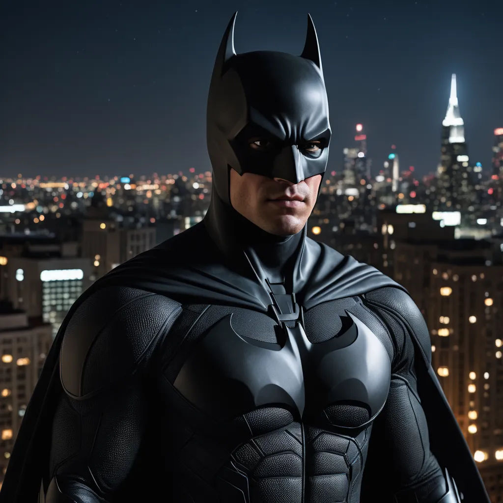 a man in a batman costume standing in front of a cityscape at night with a city skyline in the background, fantastic realism, a detailed matte painting, Altichiero, dark night