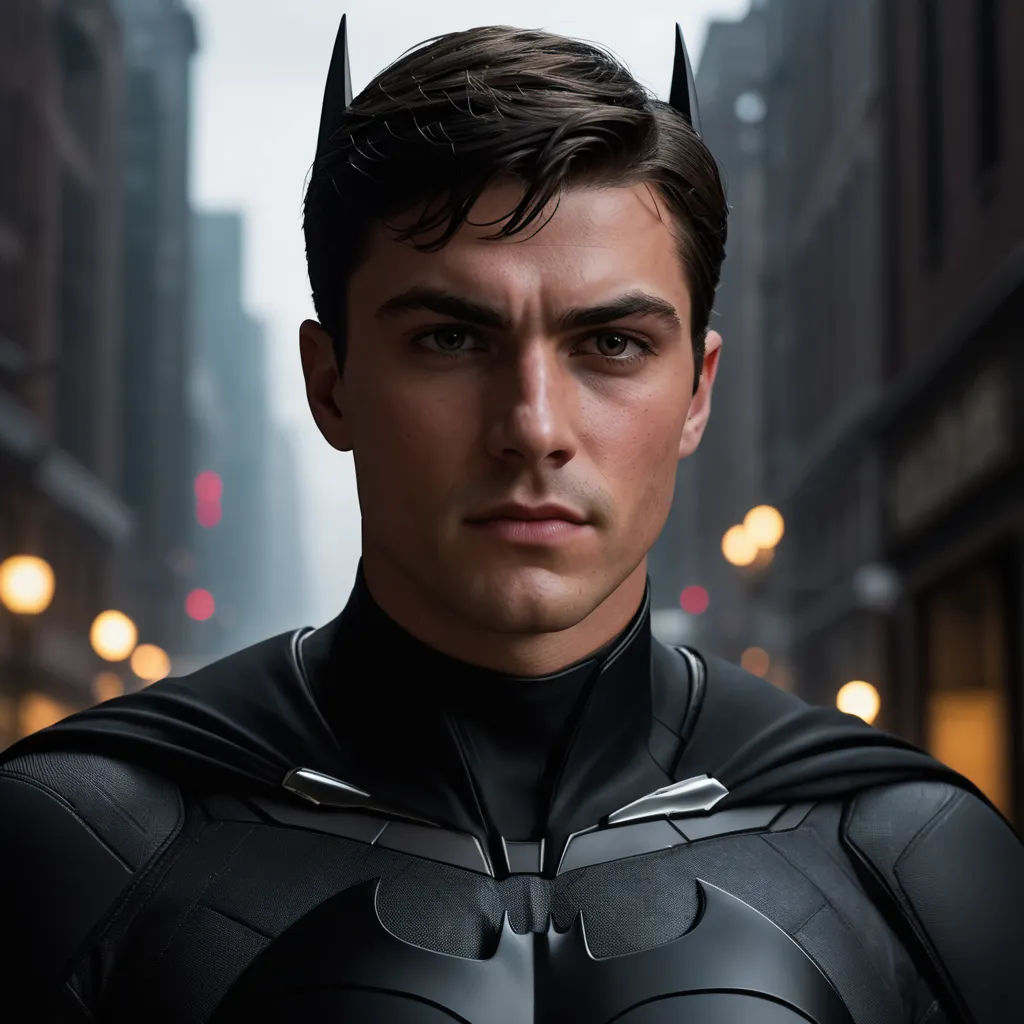 a man in a batman costume standing in a city street at night with a batman mask on his head, photorealism, a photorealistic painting, Artgerm, unreal engine 5 quality render