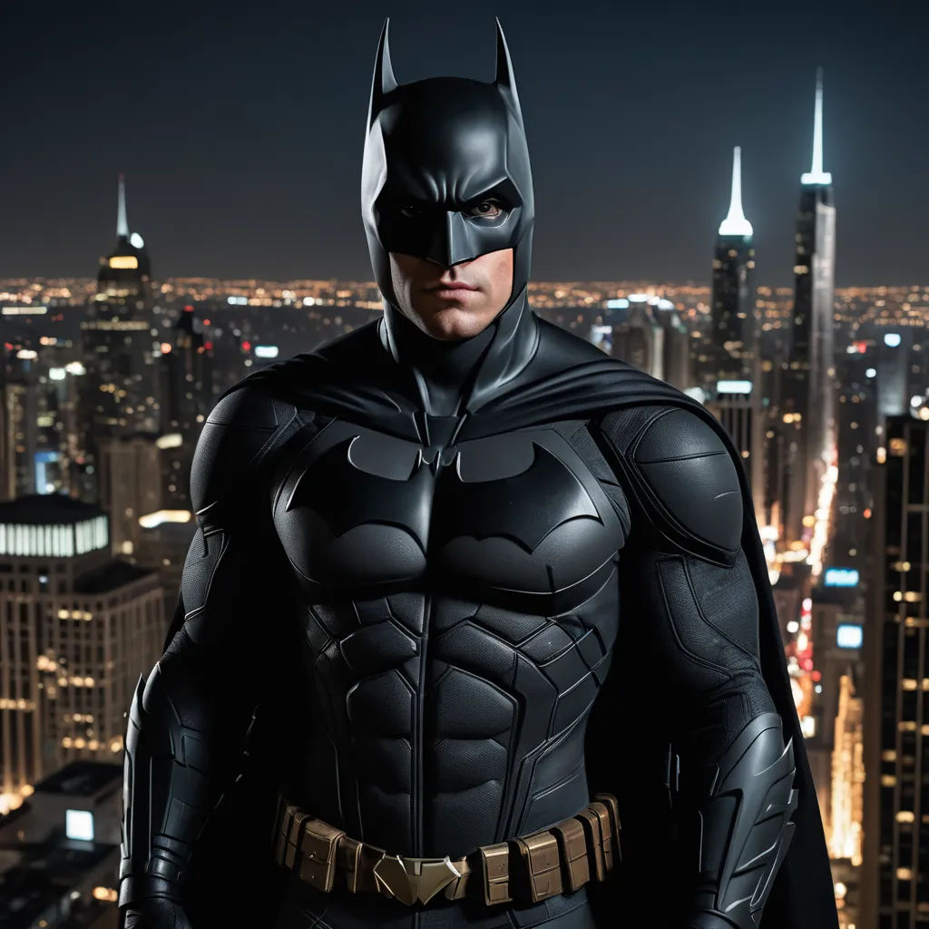 a man in a batman costume standing in front of a cityscape at night with a city skyline in the background, plasticien, a detailed matte painting, Altichiero, dark night