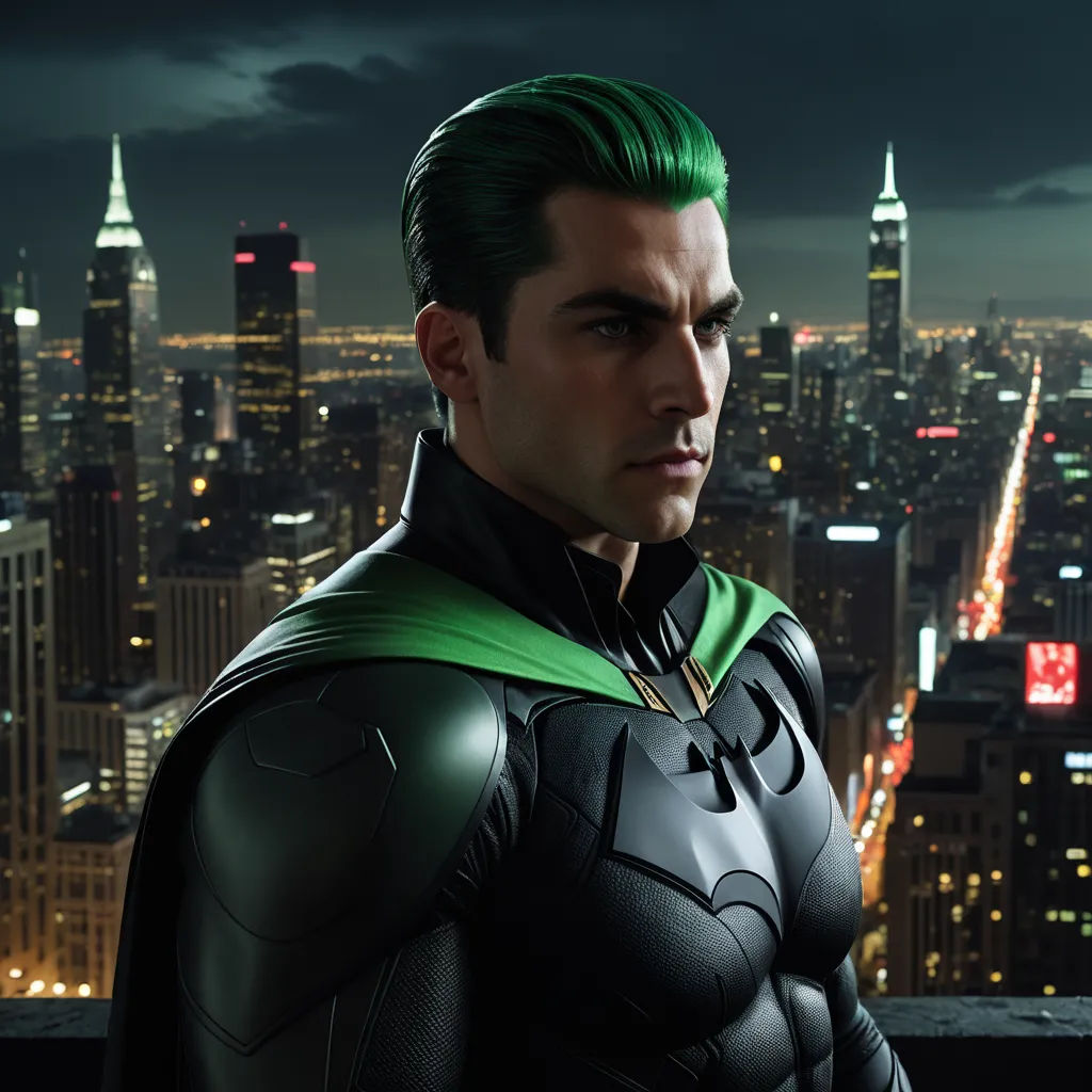 a man in a green cape standing in front of a cityscape at night with a cityscape in the background, hypermodernism, a character portrait, Eddie Mendoza, unreal engine 5 quality render