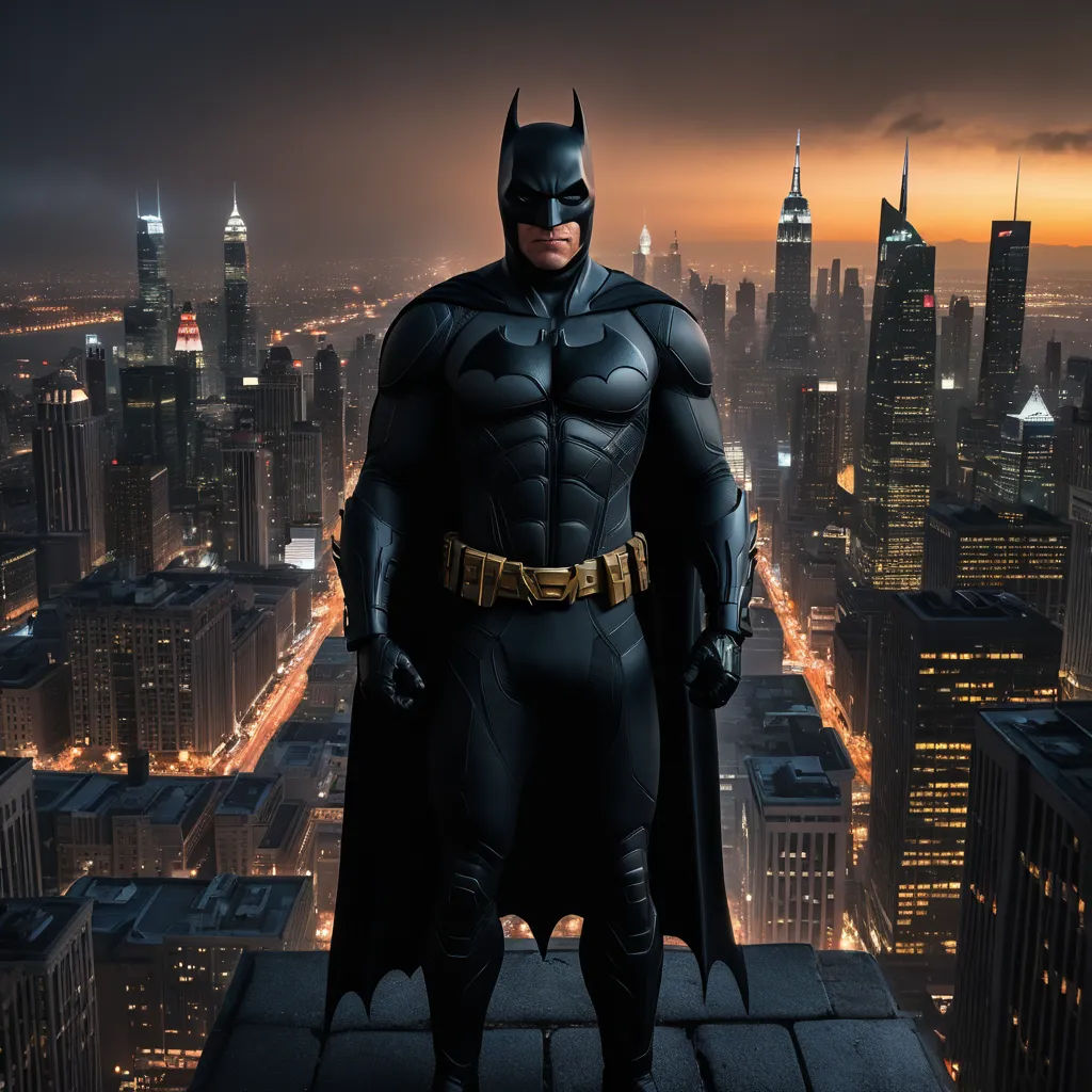 a man in a batman costume standing on a ledge in a city at night with a cityscape in the background, fantastic realism, a detailed matte painting, Altichiero, dark night