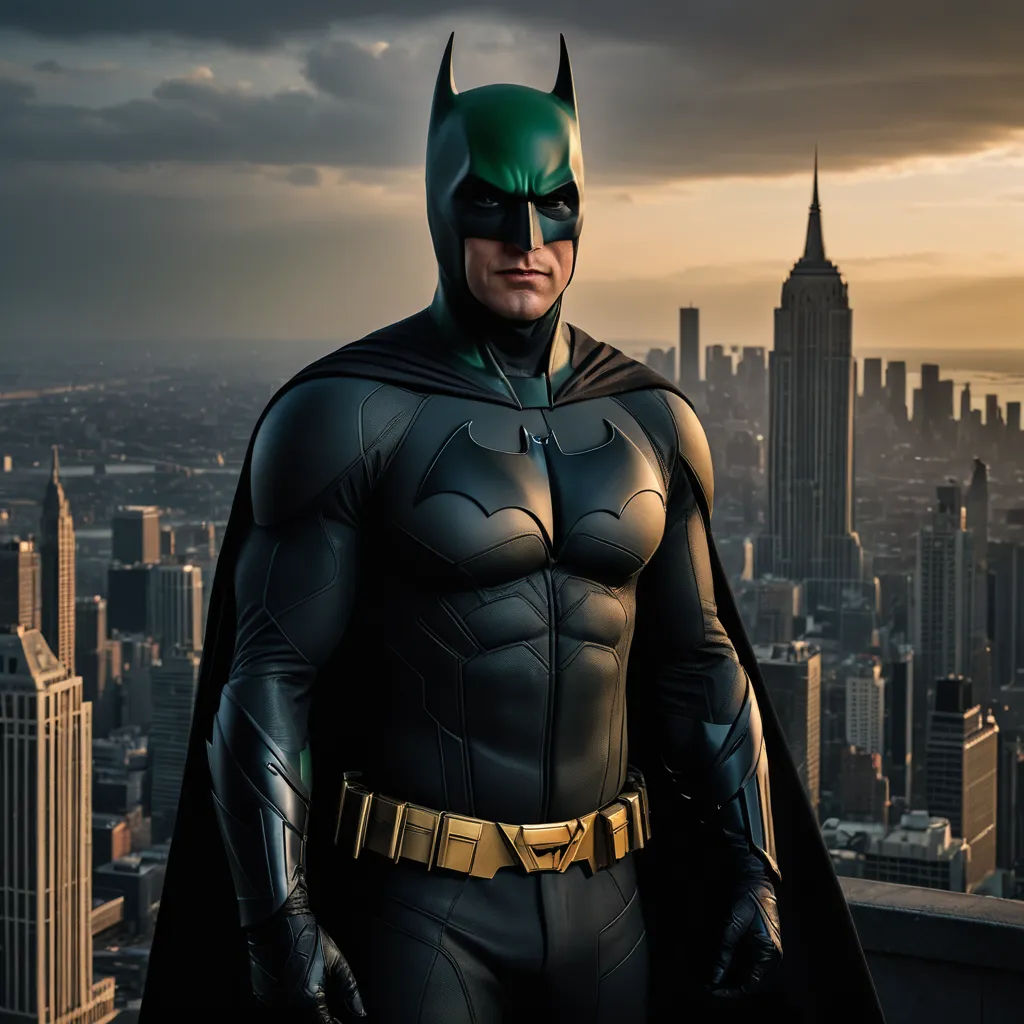 a man in a batman costume standing in front of a cityscape at sunset with a dark sky, fantastic realism, a detailed matte painting, Altichiero, promotional image