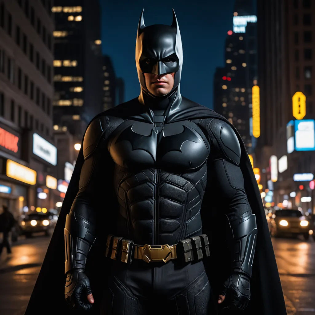 a man dressed as batman standing in the street at night with a city in the background at night time, rayonism, a detailed matte painting, Altichiero, dark night