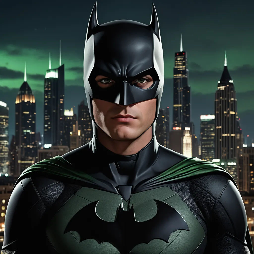 a man in a batman costume standing in front of a city skyline at night with a green glow on his face, photorealism, a detailed matte painting, Alex Ross, dark night
