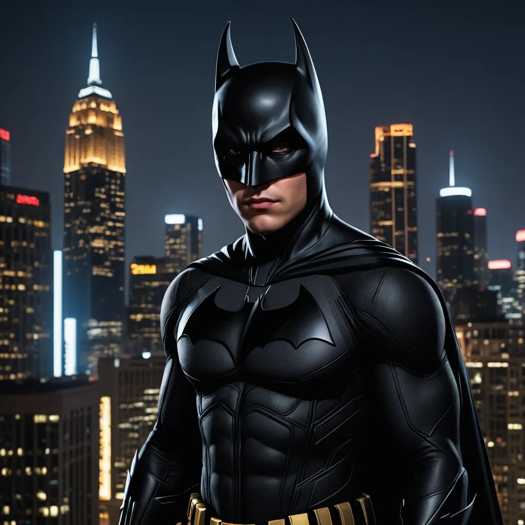 a man in a batman costume standing in front of a city skyline at night with a skyscraper in the background, photorealism, a detailed matte painting, Artgerm, dark night