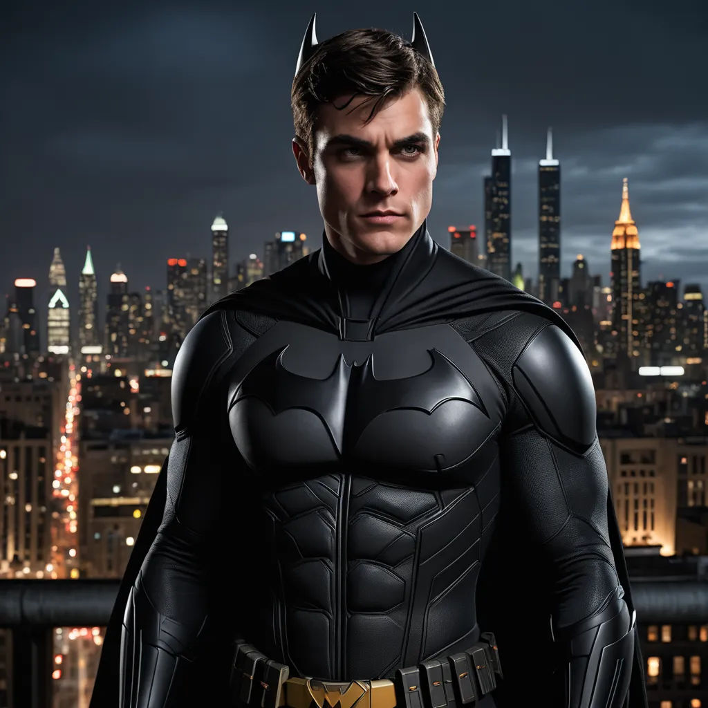 a man in a batman costume standing in front of a city skyline at night with a batman mask on, fantastic realism, a detailed matte painting, Brian Alfred, promotional image
