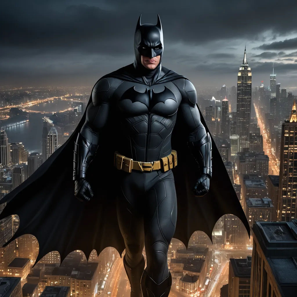 a man in a batman costume standing on a ledge above a city at night with a cityscape in the background, fantastic realism, a detailed matte painting, Altichiero, dark night