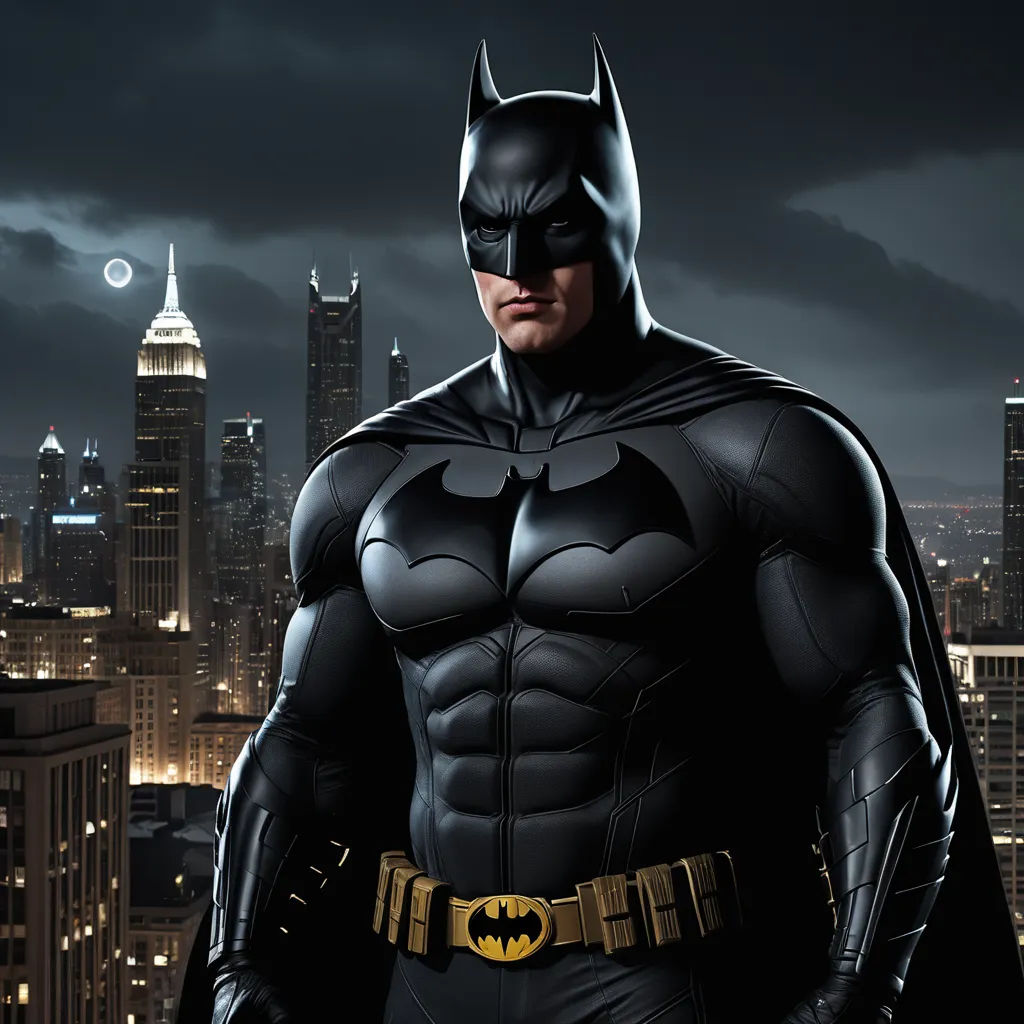 a man in a batman costume standing in front of a cityscape at night with a full moon, fantastic realism, a detailed matte painting, Eddie Mendoza, dark night