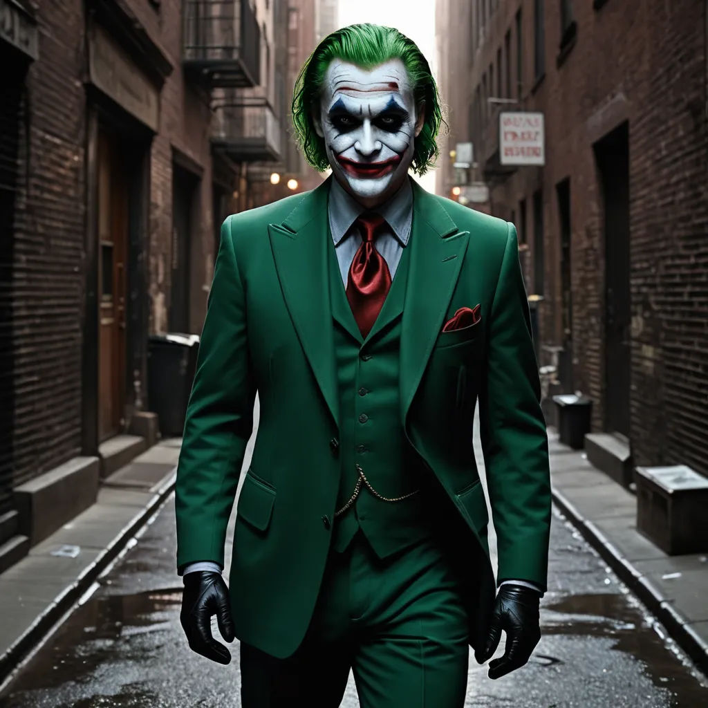 a man in a green suit and red tie walking down a street with a joker mask on his face, verdadism, a colorized photo, Dong Kingman, 4k uhd image