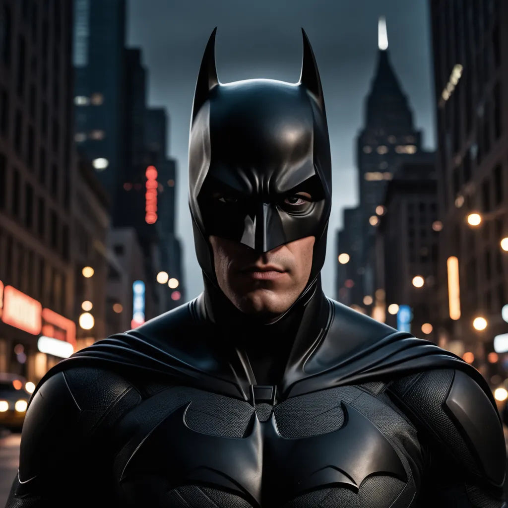a man in a batman costume standing in the street at night with a city skyline in the background and a full moon in the sky, photorealism, a detailed matte painting, Altichiero, dark night