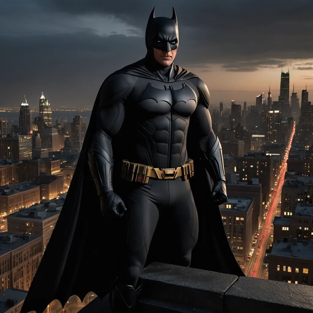 a man dressed as batman standing on a ledge in a city at night with a city skyline in the background, photorealism, a detailed matte painting, Eddie Mendoza, dark night