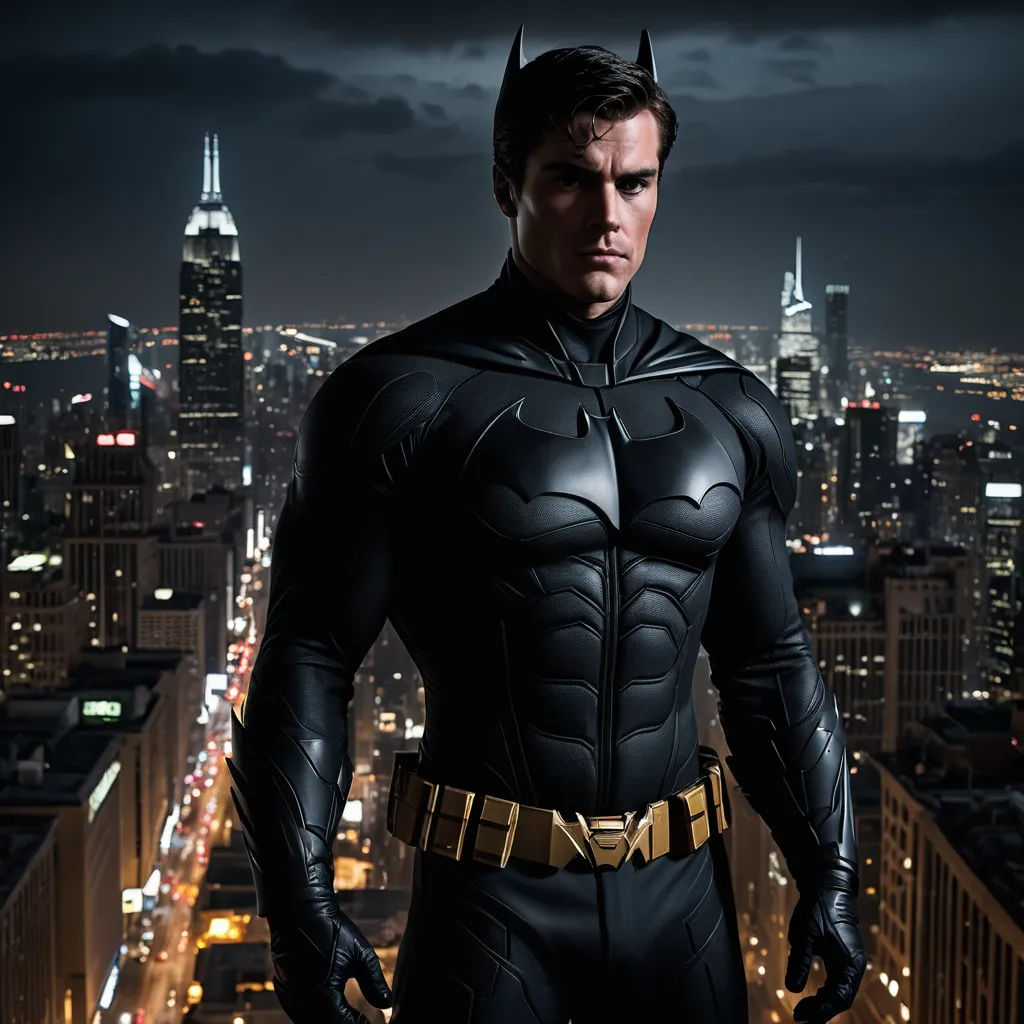 a man in a batman costume standing in front of a cityscape at night with a cityscape in the background, fantastic realism, a detailed matte painting, Brian Alfred, dark night