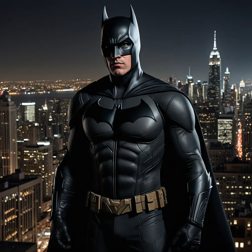 a man in a batman costume standing in front of a cityscape at night with a city skyline in the background, fantastic realism, a detailed matte painting, Altichiero, dark night