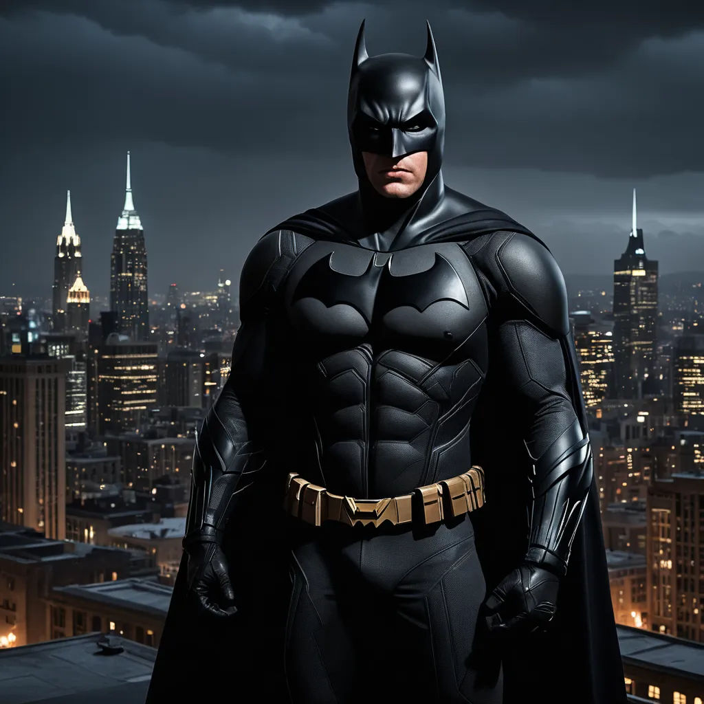a man in a batman costume standing in front of a cityscape at night with a dark sky, plasticien, a detailed matte painting, Americo Makk, dark night