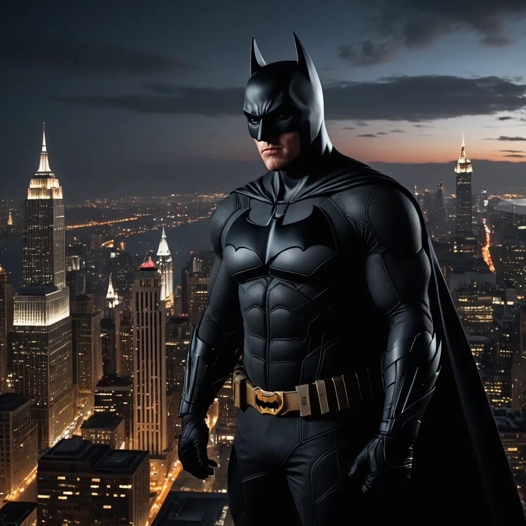 a man in a batman costume standing in front of a cityscape at night with a city skyline in the background, fantastic realism, a detailed matte painting, Altichiero, dark night