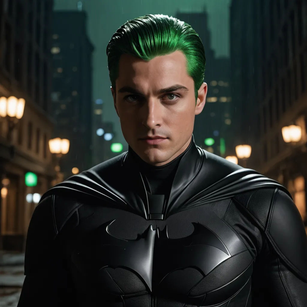 a man with green hair and a batman costume in a city at night with lights on and a city street behind him, hypermodernism, a character portrait, Brian Fies, promotional image