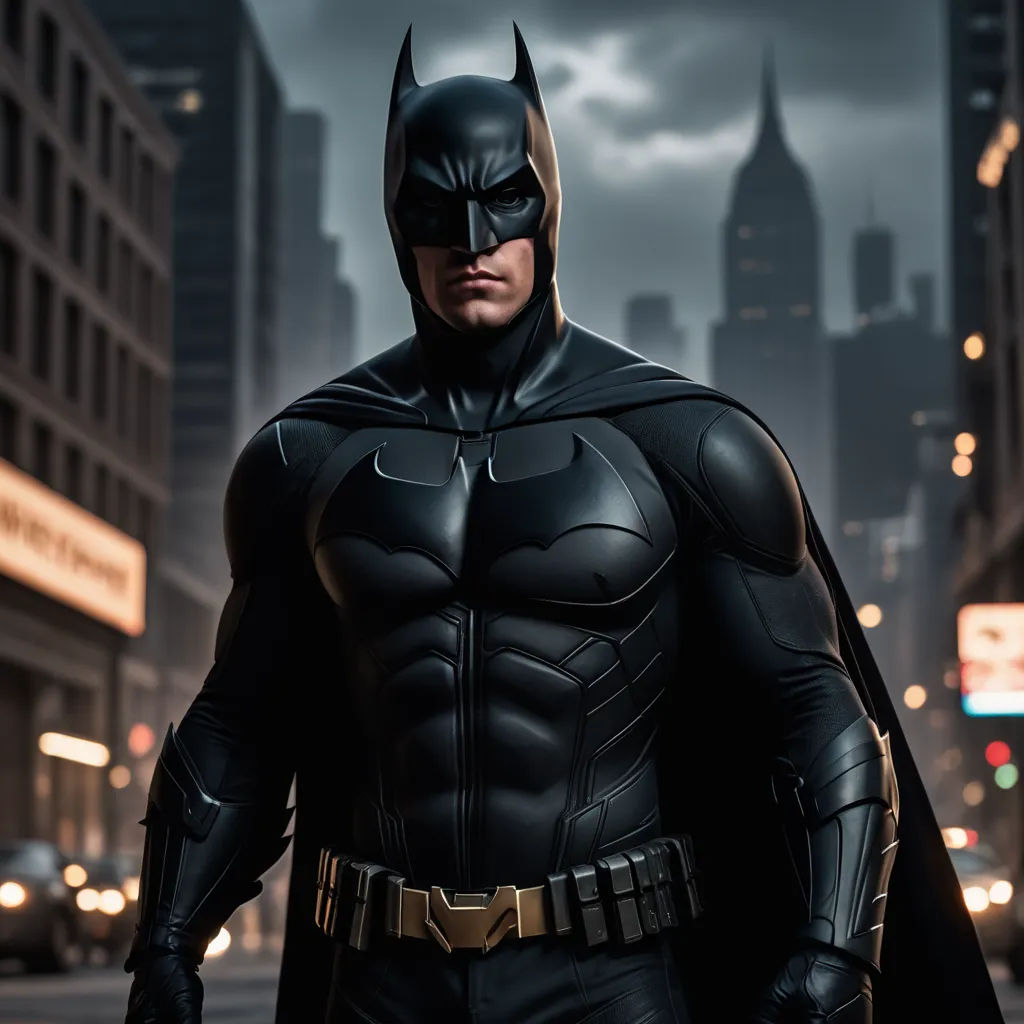 a man dressed as batman standing in the street at night with a city skyline in the background and a full moon in the sky, photorealism, a detailed matte painting, Altichiero, dark night