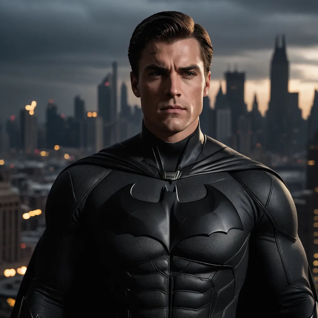 a man in a batman costume standing in front of a city skyline at night with a dark sky in the background, photorealism, a detailed matte painting, Barthélemy Menn, promotional image