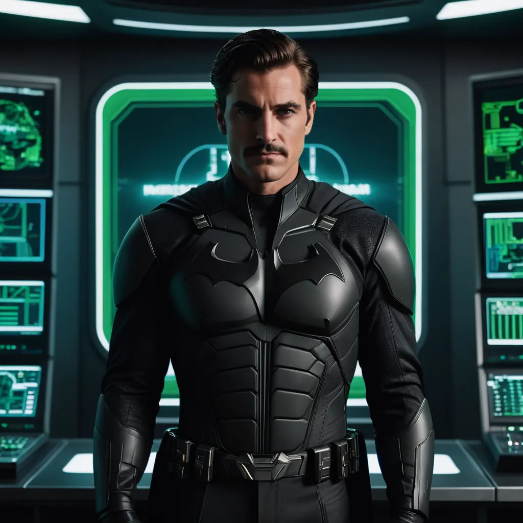 a man in a batman costume standing in front of a computer screen with green lights on it's sides, panfuturism, a character portrait, Cristache Gheorghiu, promotional image