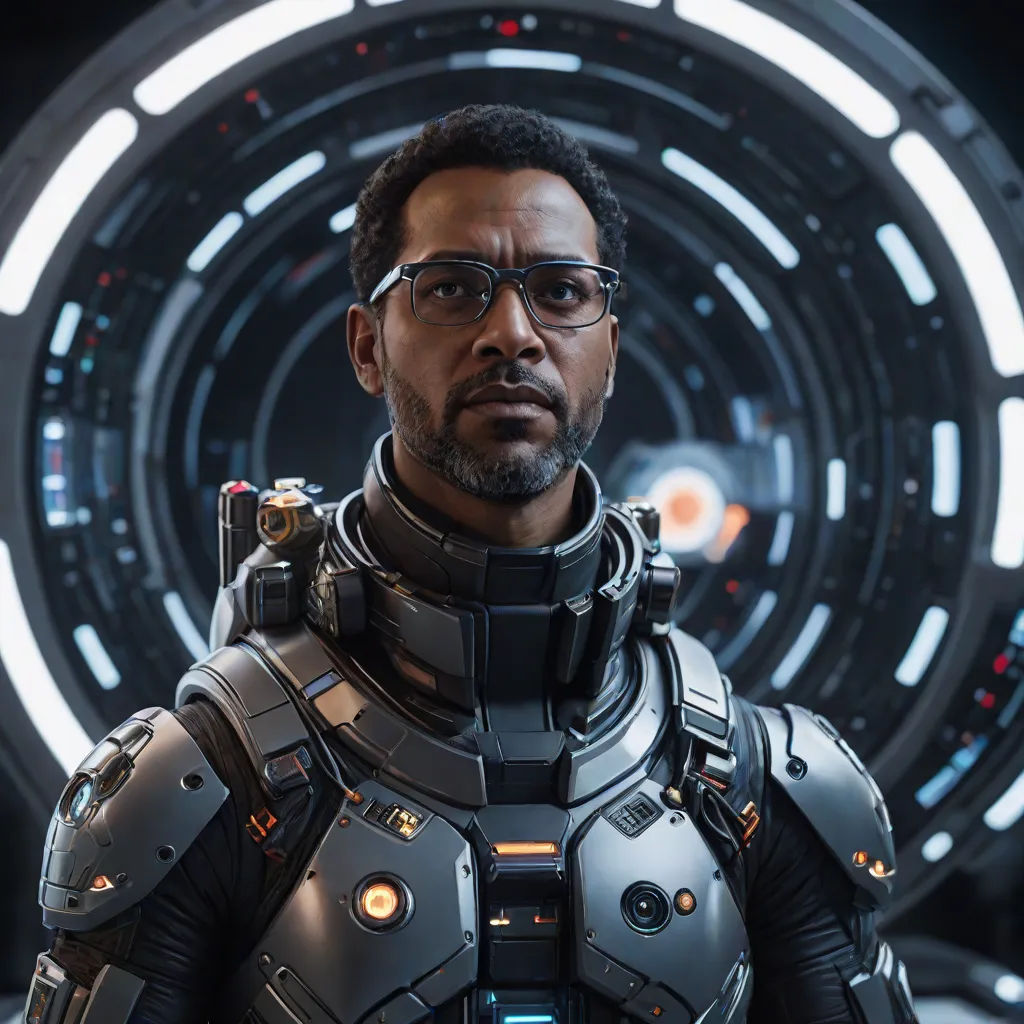 a man in a sci - fi fi suit standing in front of a circular tunnel with lights on it, afrofuturism, a character portrait, Everett Warner, unreal engine 5 highly rendered