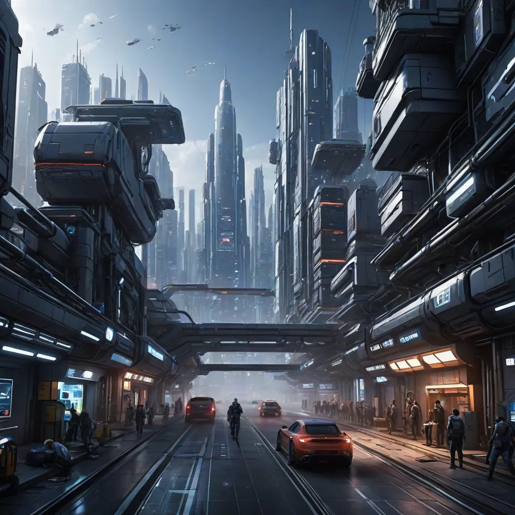 a futuristic city with a futuristic car and people walking around it, and a futuristic city with futuristic buildings, retrofuturism, a detailed matte painting, Cedric Peyravernay, cgstudio