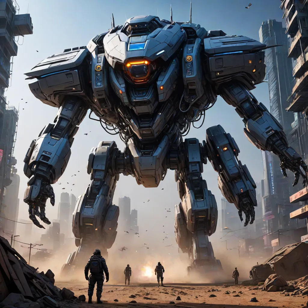 a giant robot standing in a city surrounded by tall buildings and people walking around it, with a man standing in front of it, antipodeans, concept art, Beeple, mecha