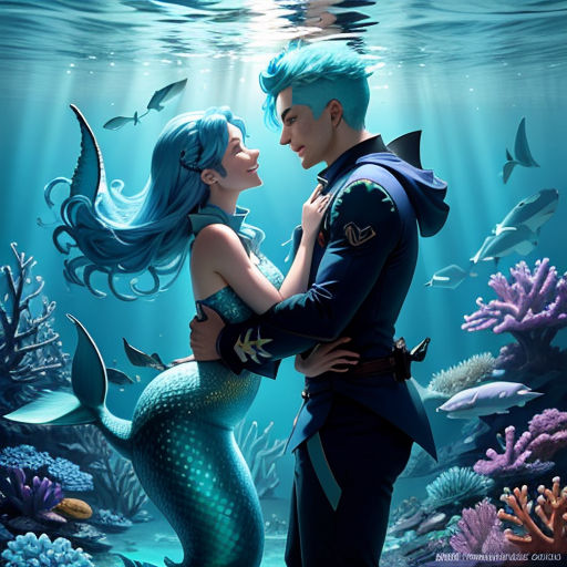 a man and a woman are in the water with a mermaid and dolphins in the background, under the water