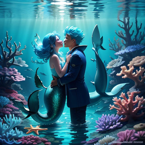 a man and woman kissing under a painting of a mermaid and a dolphin under the water with corals