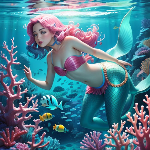 a mermaid with pink hair and a pink bikini swims in the ocean with corals and fish around her